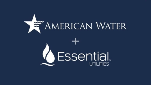 American Water plus Essential Utilities merger branding on a dark navy background with white and silver logos